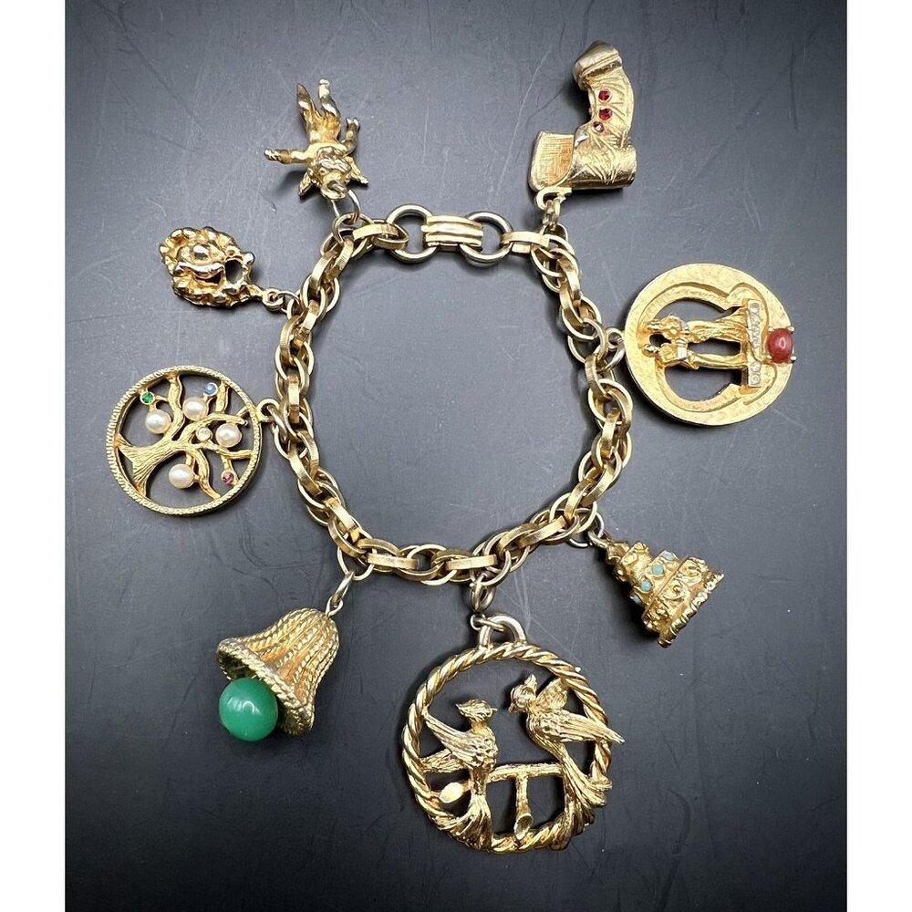 Vintage 1960s Gold Tone Charm Bracelet Wedding Birds Tree of Life